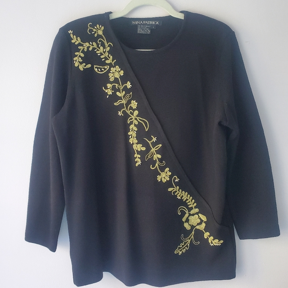 Nina Patrick VTG Wool Blend Black Top Gold Embroidered & Beaded Sz S Formal
